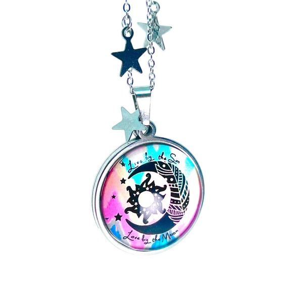Tie-Dye Moon Fancy Celestial Chain Necklace, Rainbow Handmade Hippie Pendant - Picture 5 of 8